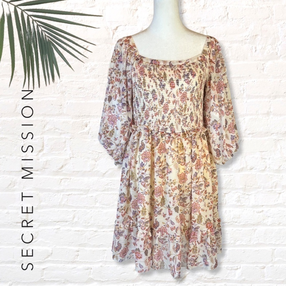 Secret Mission Floral Smocked Peasant Dress in Cream and Pink